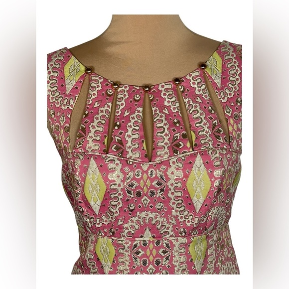 Milly of New York Pink Green Gold Brocade Lurex Sparkle Sheath Midi Dress Sz 2 - Picture 4 of 7